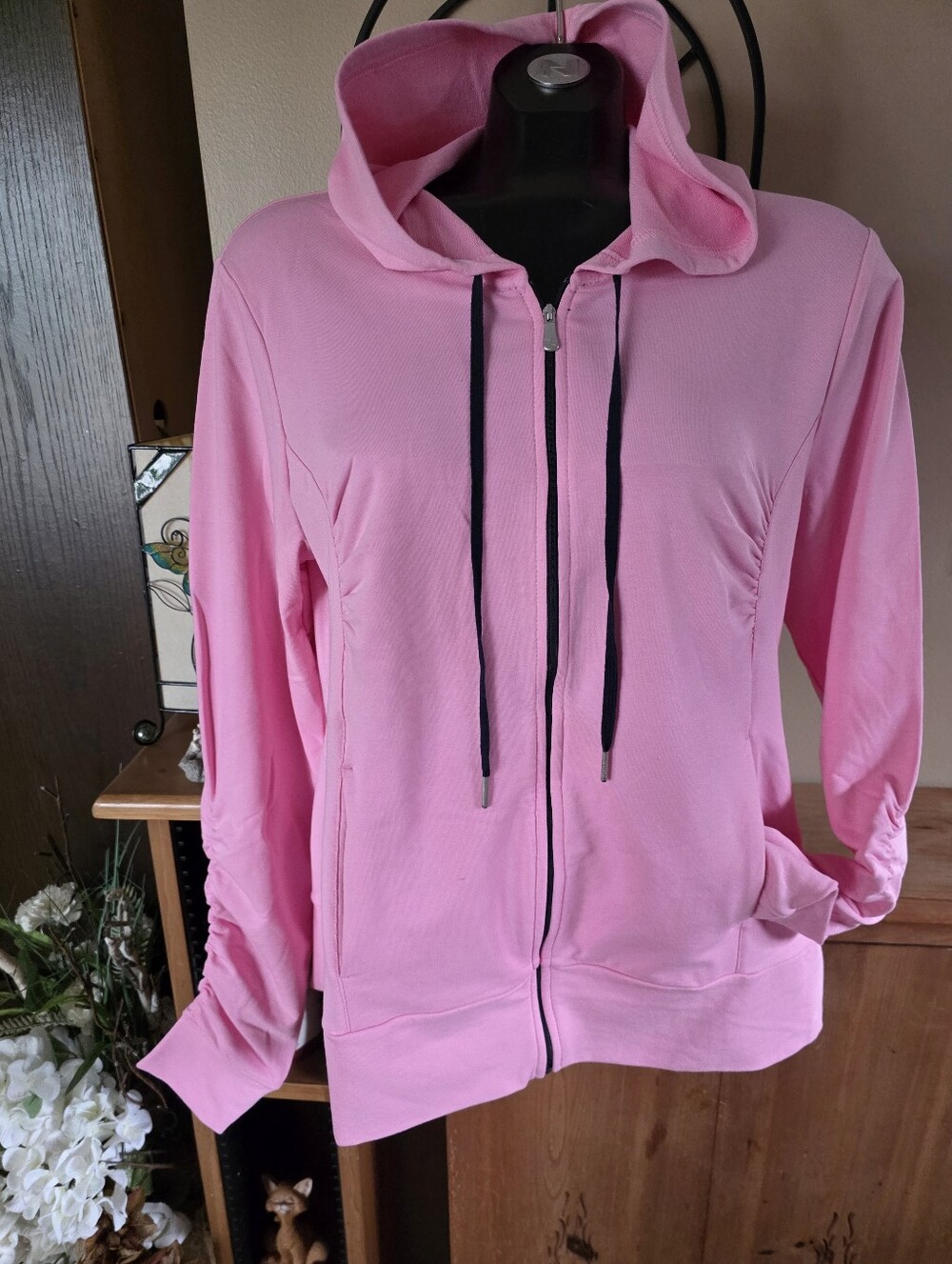 Danskin Pink Zip Activewear Hoodie with Ruched Sleeves & Thumbholes Size XL